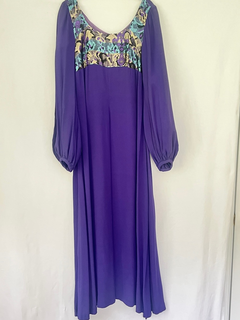 70s Empire Bodice Gown with Bishop Sleeves pointed hem Italy metallic jacquard